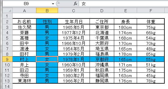 選択されたセルの「行」「列」に色をつける