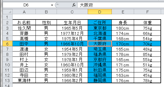 選択されたセルの「行」「列」に色をつける