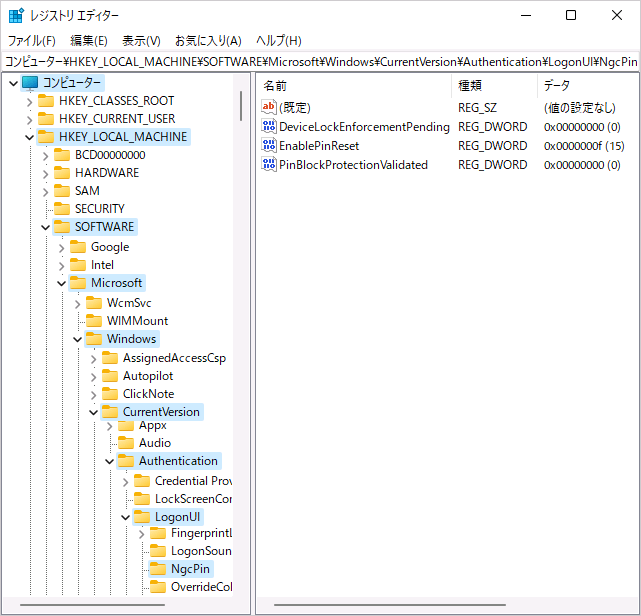 Windows11のサインイン時にPINのリセットを有効または無効にする